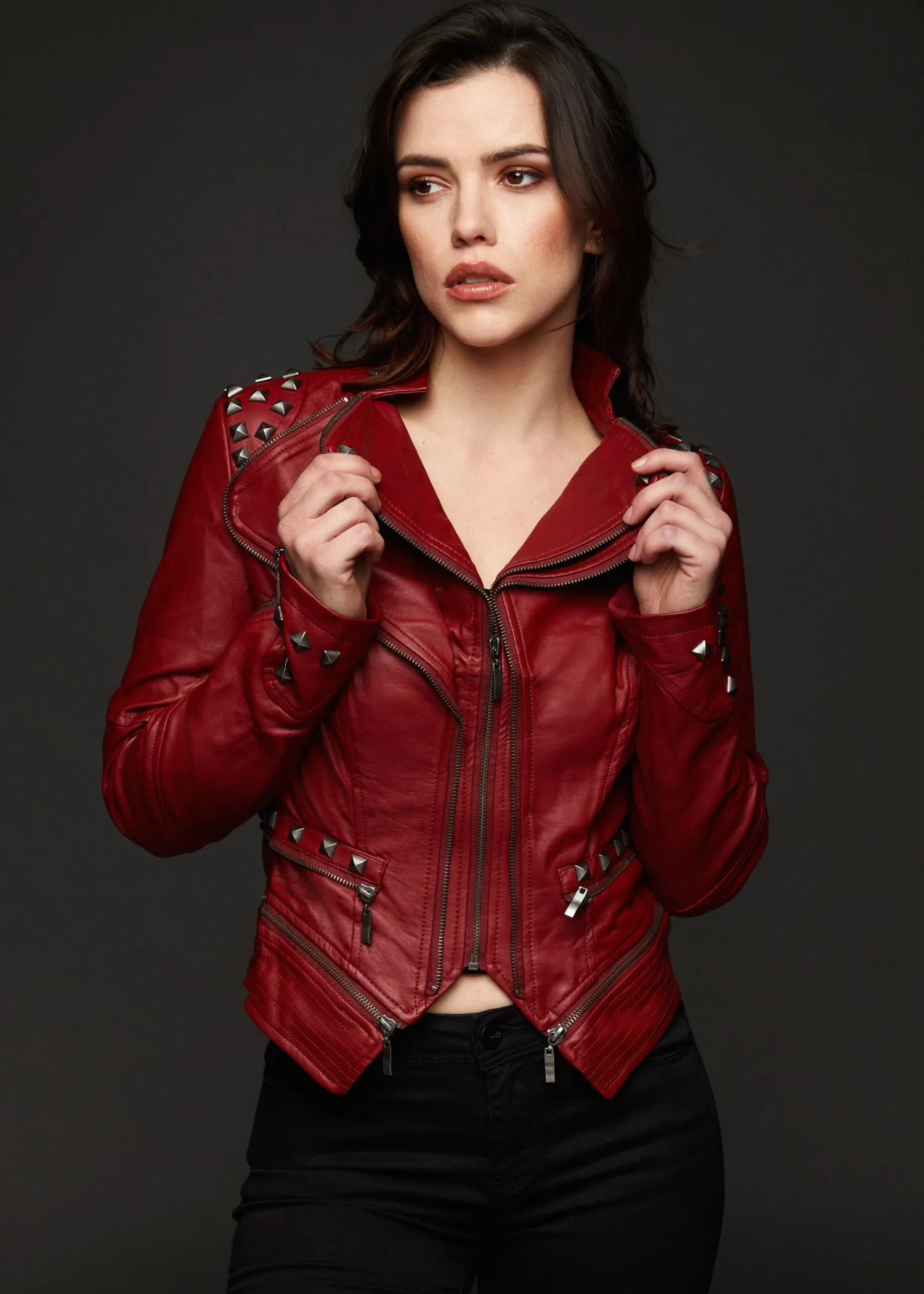 Red Faux Leather Slim Fit Moto Biker Jacket with Studs