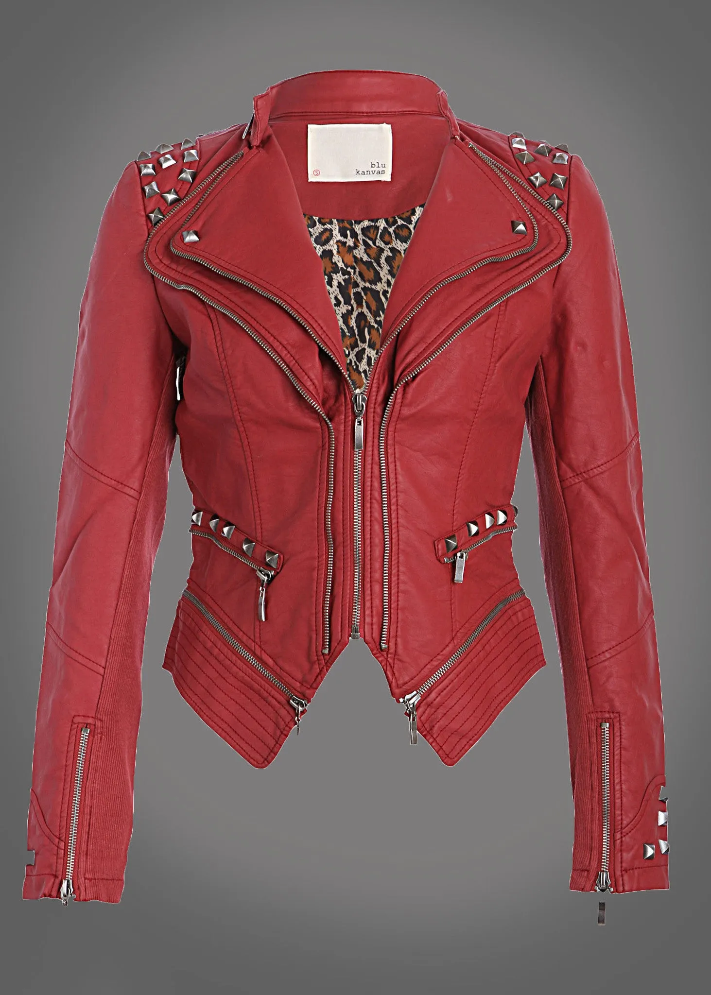 Red Faux Leather Slim Fit Moto Biker Jacket with Studs