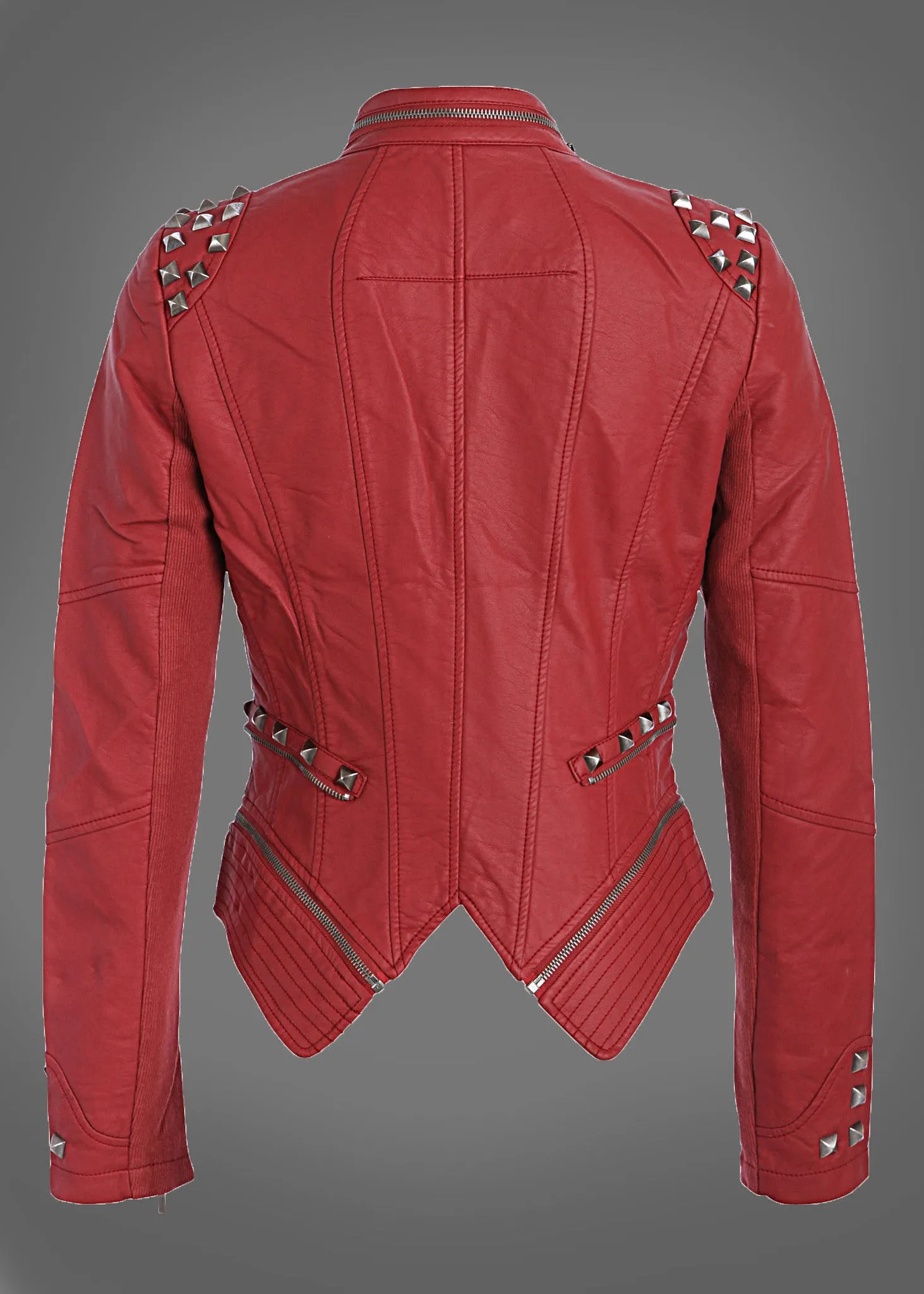 Red Faux Leather Slim Fit Moto Biker Jacket with Studs