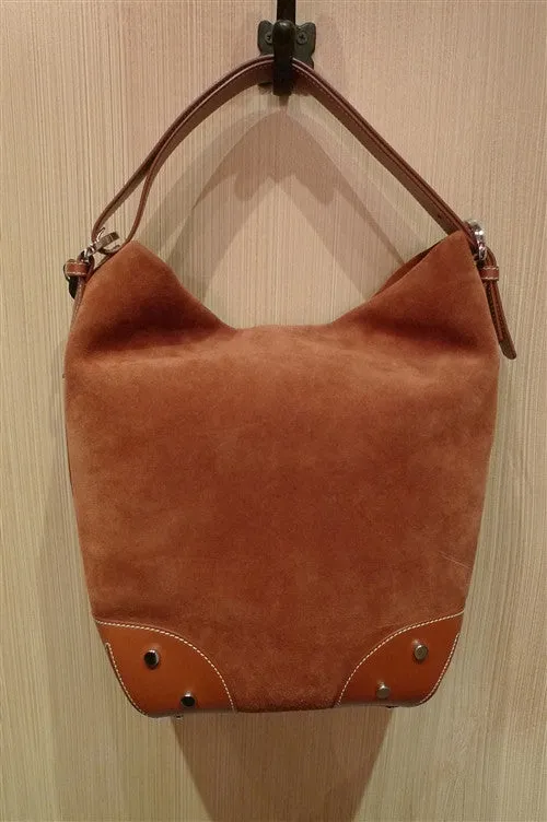 Rust Suede Bucket Bag with Gold Studs and Leather Shoulder Strap