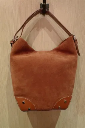 Rust Suede Bucket Bag with Gold Studs and Leather Shoulder Strap