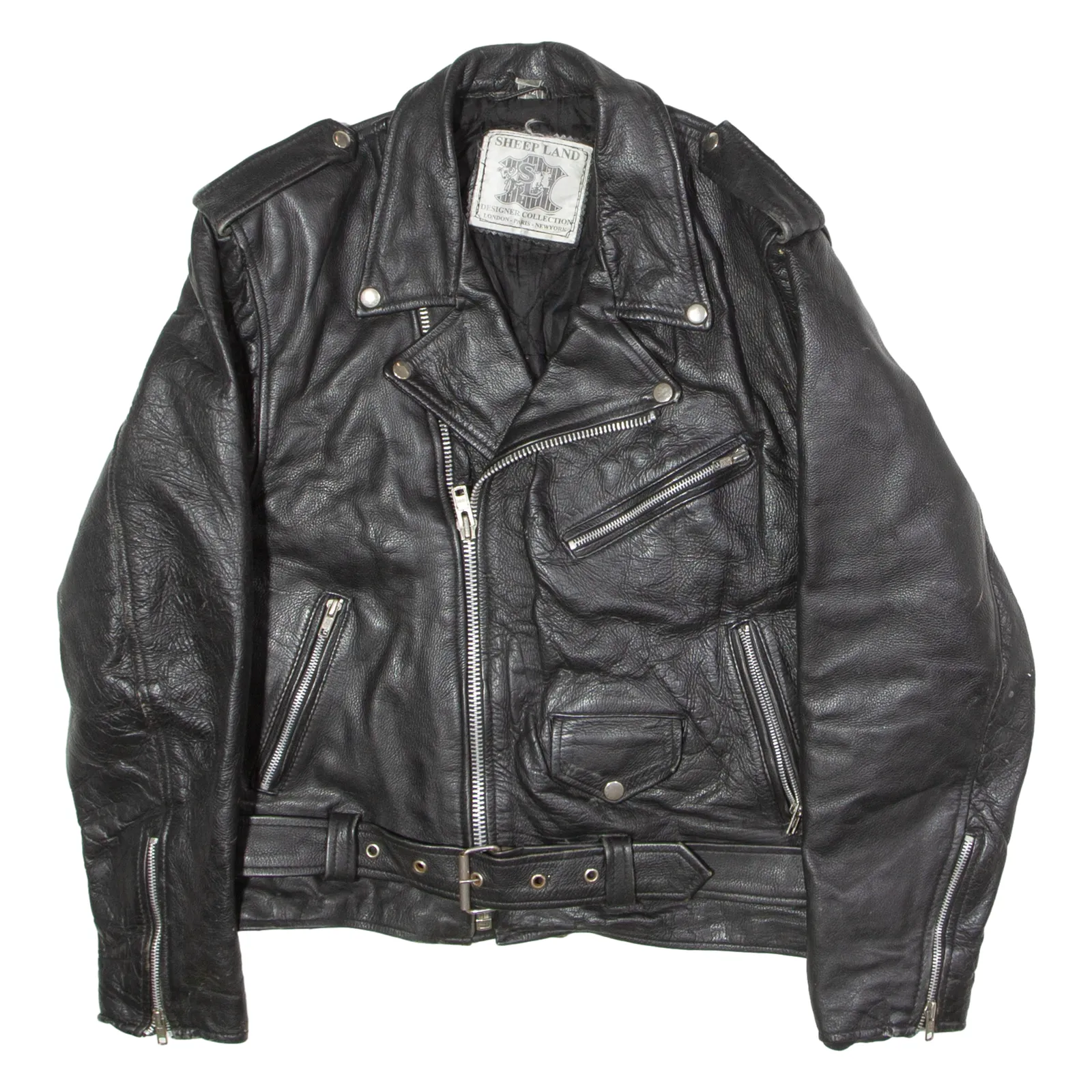 SHEEP LAND Mens Biker Jacket Black Leather 90s M