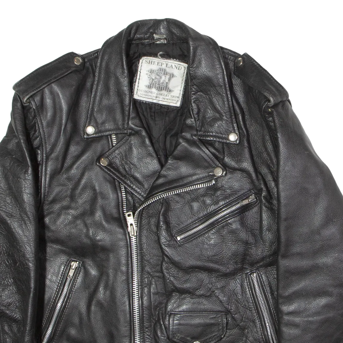 SHEEP LAND Mens Biker Jacket Black Leather 90s M