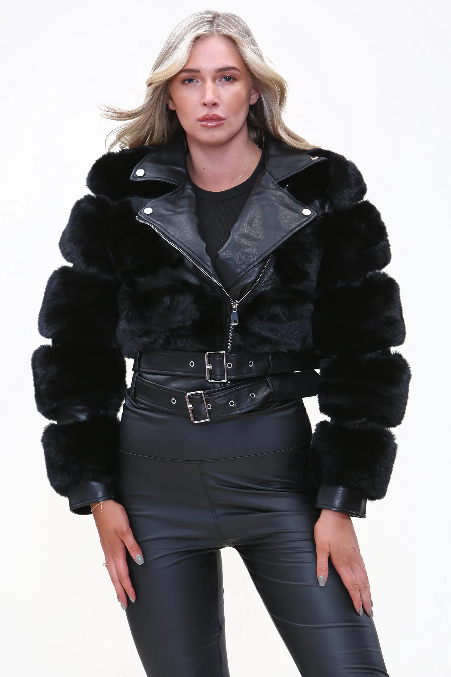 Short Black Faux Fur Biker Jacket