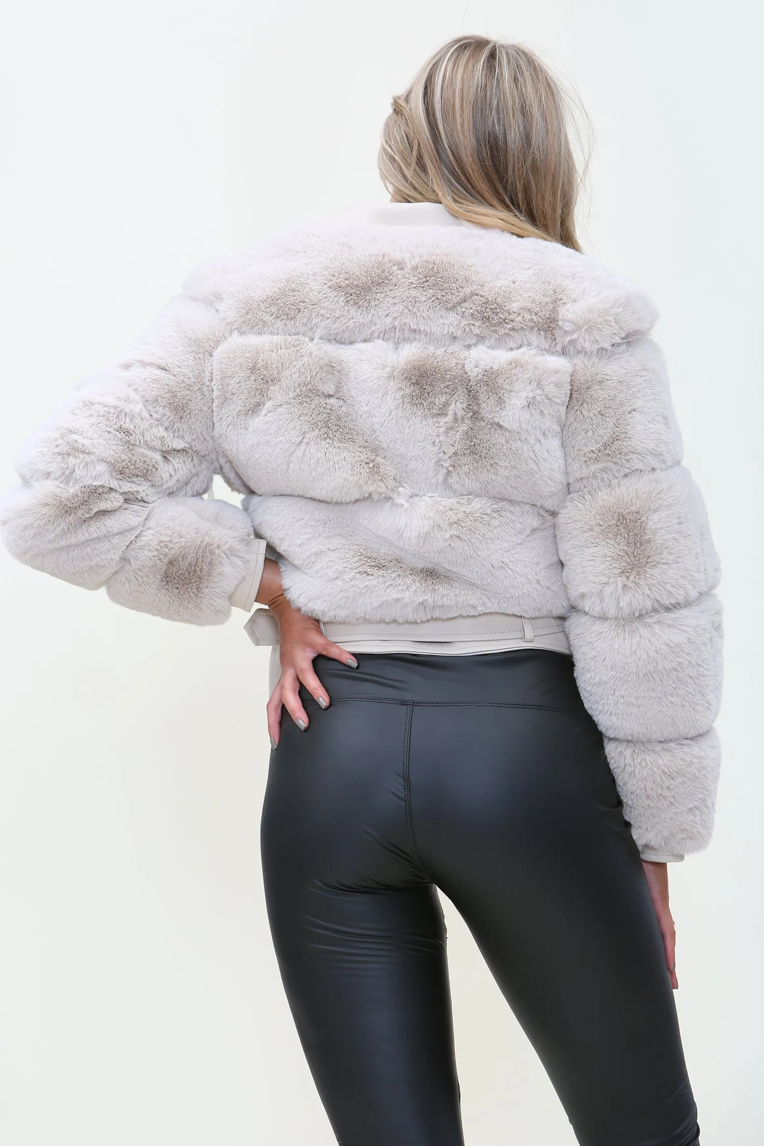 Short Faux Fur Beige Biker Jacket