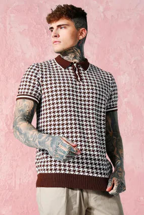 Short Sleeve Dogtooth Knitted Polo