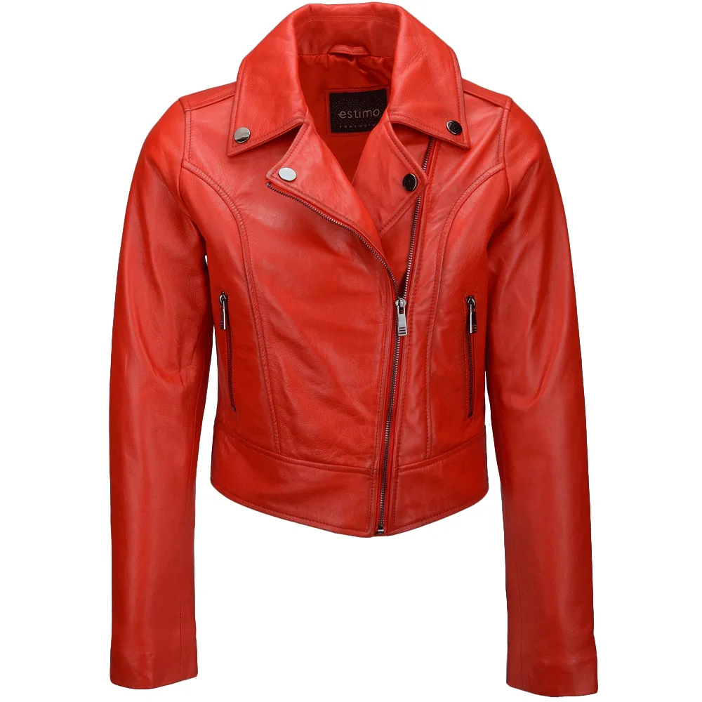 Short Vegetable Tanned Leather Biker Jacket Red : Jenner