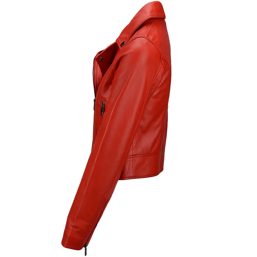 Short Vegetable Tanned Leather Biker Jacket Red : Jenner