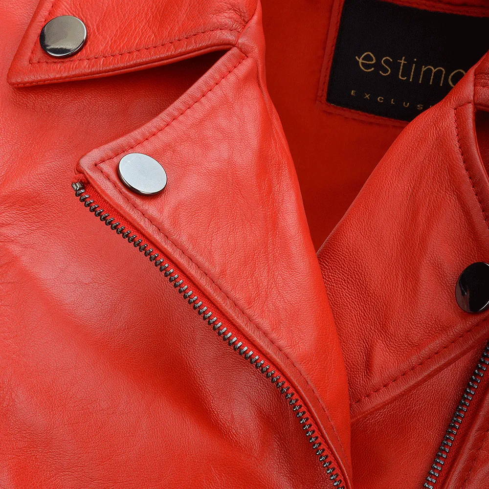 Short Vegetable Tanned Leather Biker Jacket Red : Jenner