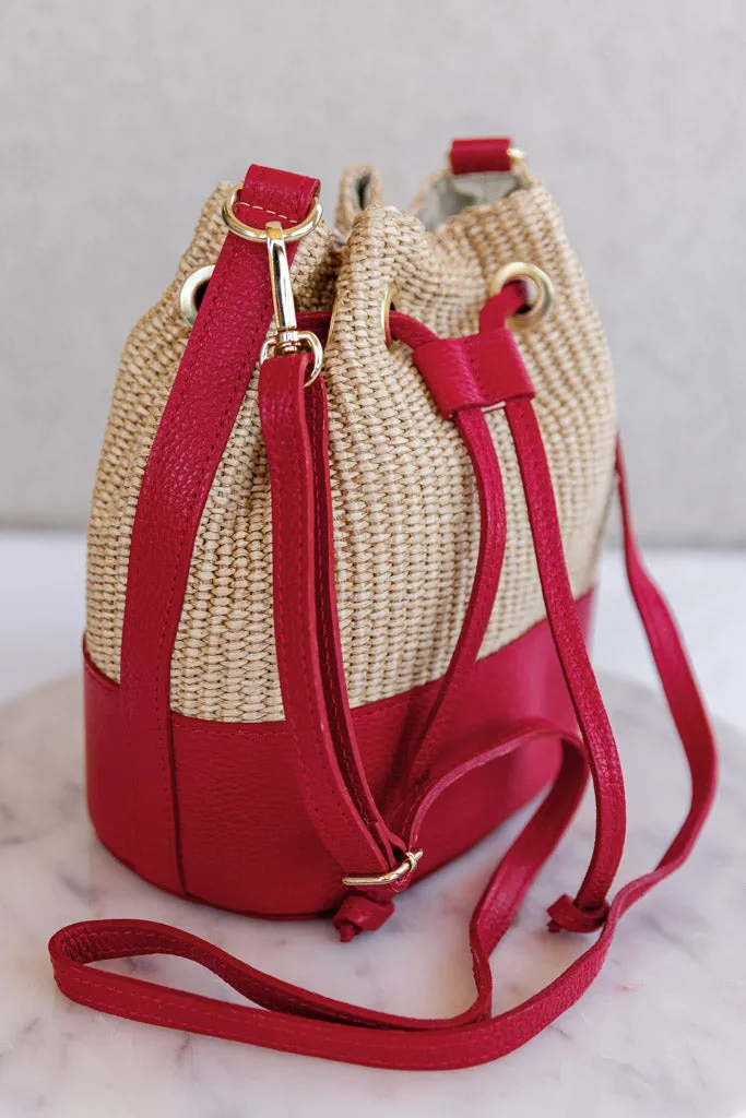 Sienna Woven Bucket Bag, Red