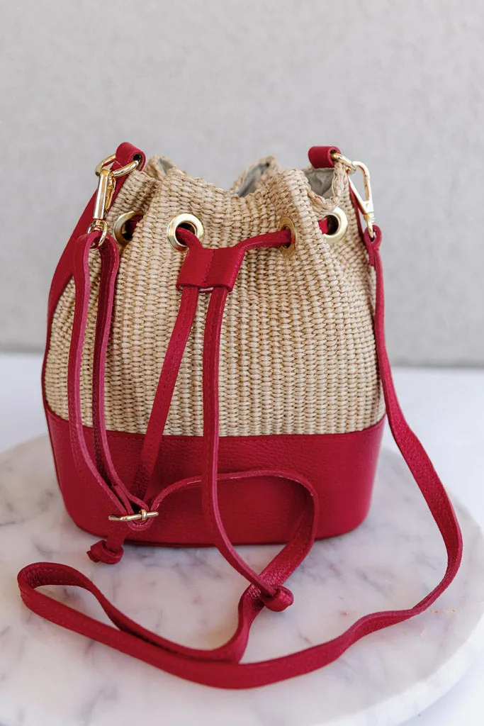 Sienna Woven Bucket Bag, Red