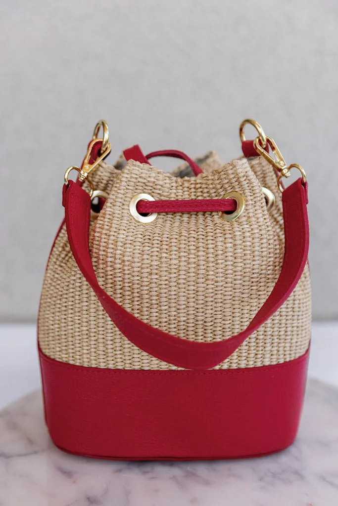 Sienna Woven Bucket Bag, Red