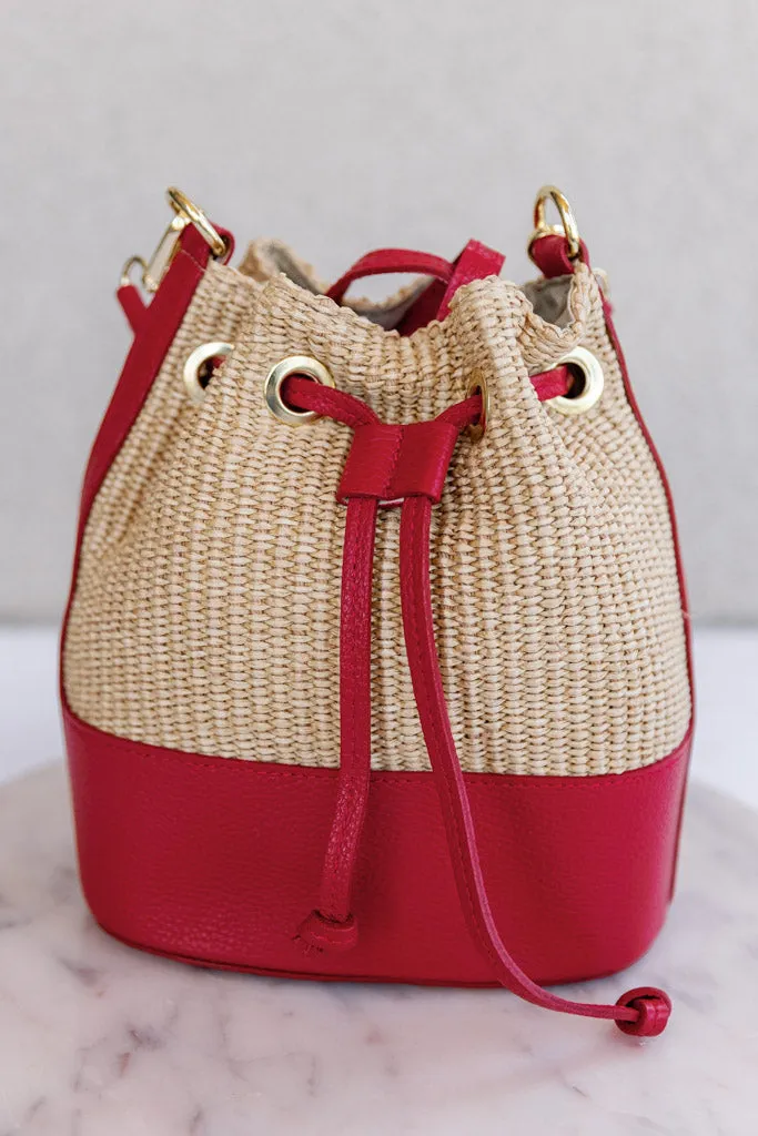 Sienna Woven Bucket Bag, Red