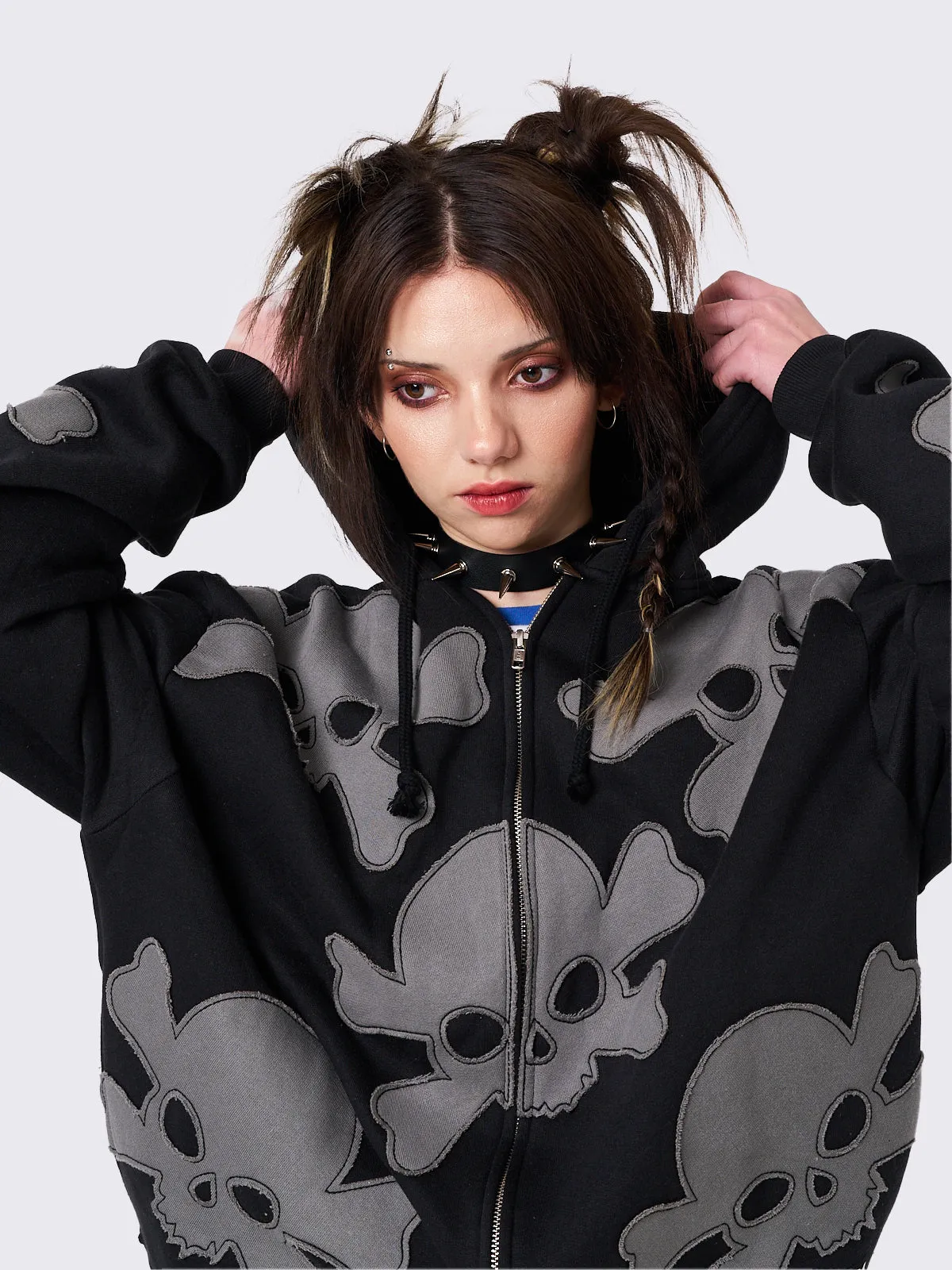 Skull Craft Patch Oversized Zip Up Hoodie