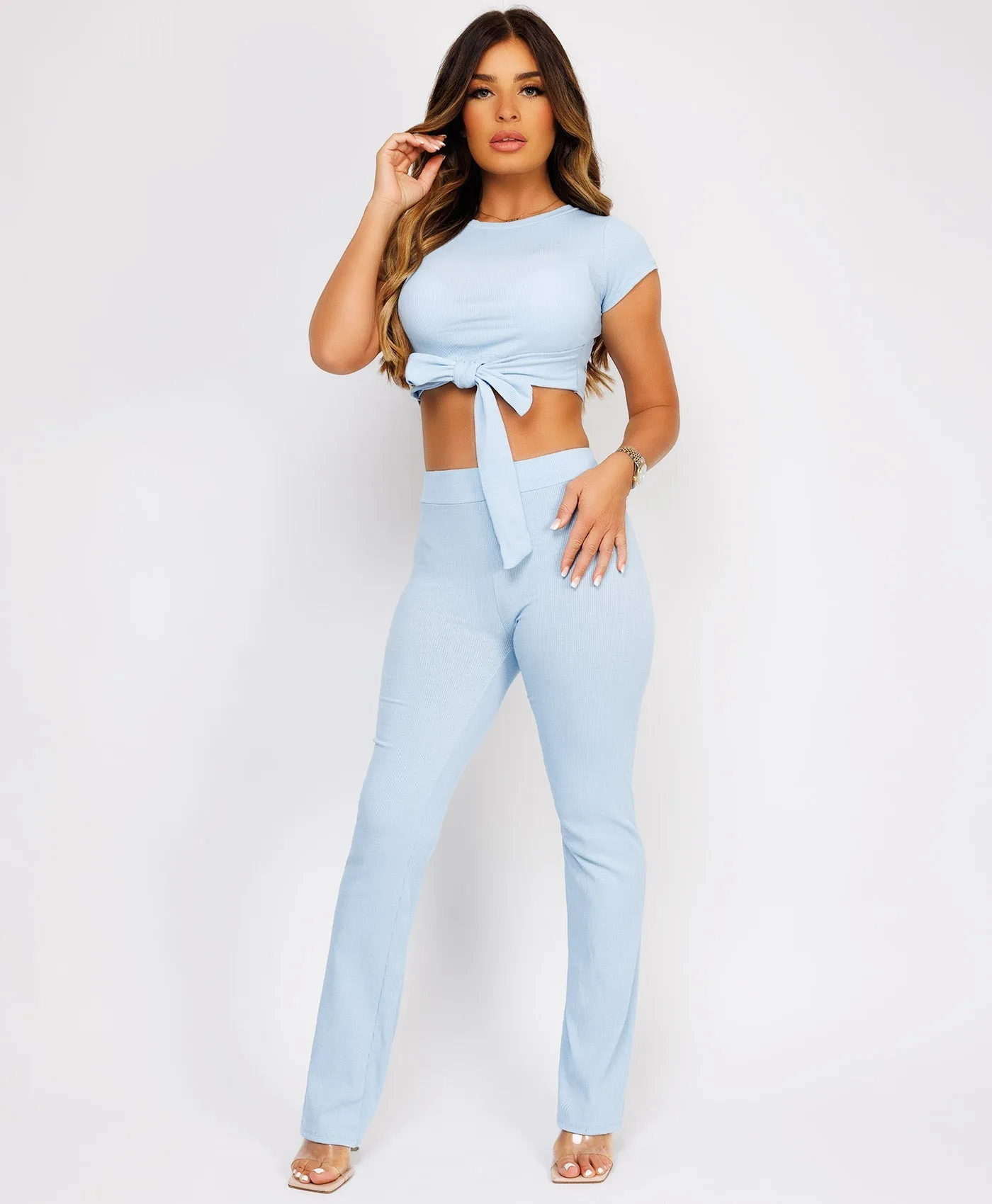 Sky Blue Flare Trousers Tie Up Crop Top Loungewear Set