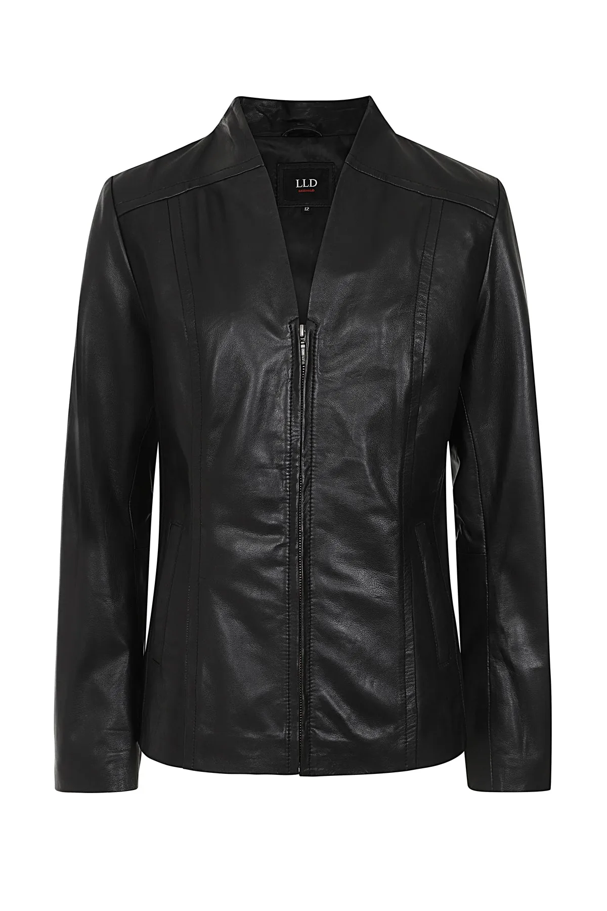  SPECIAL PROMOTION From 99Women's Black Classic Zip Up Genuine Leather Jacket with a “V” Neck  - LAURA