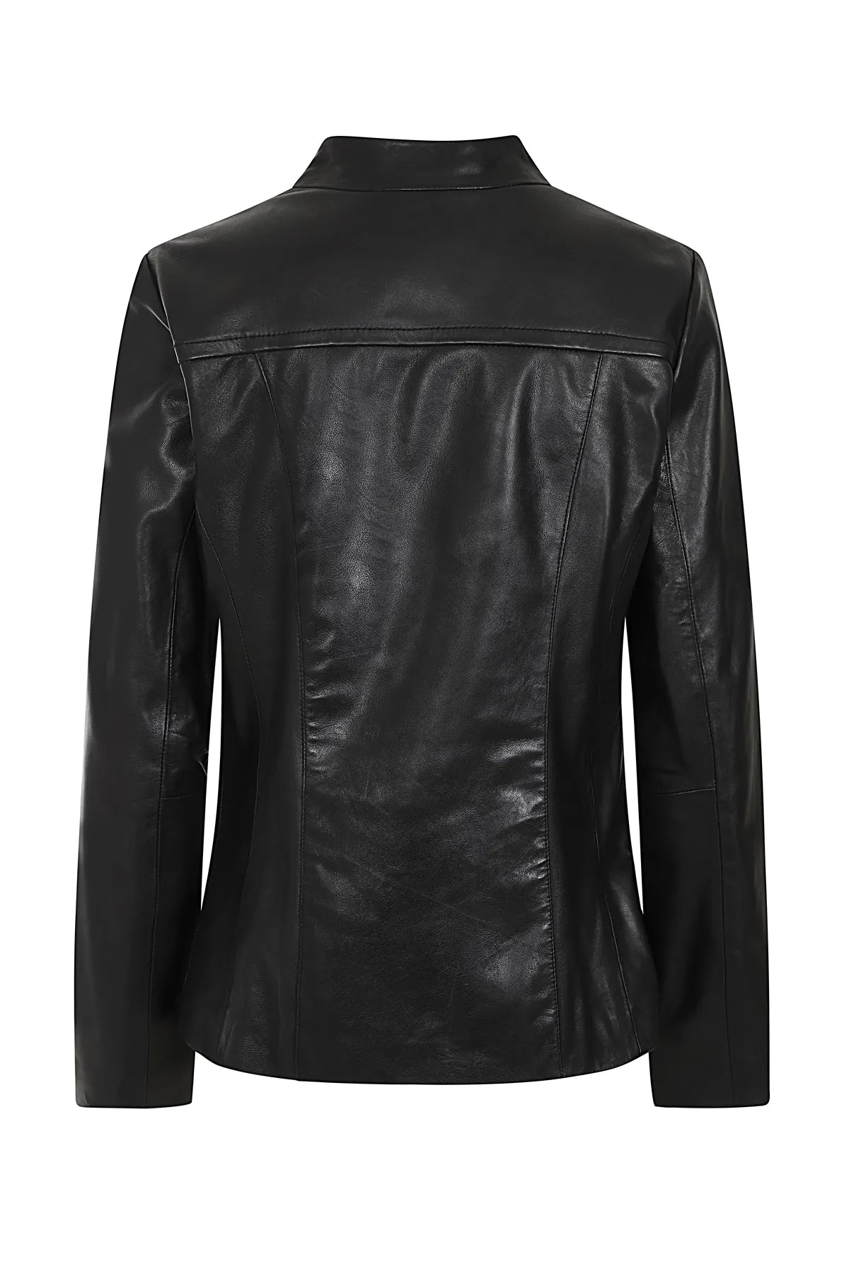  SPECIAL PROMOTION From 99Women's Black Classic Zip Up Genuine Leather Jacket with a “V” Neck  - LAURA