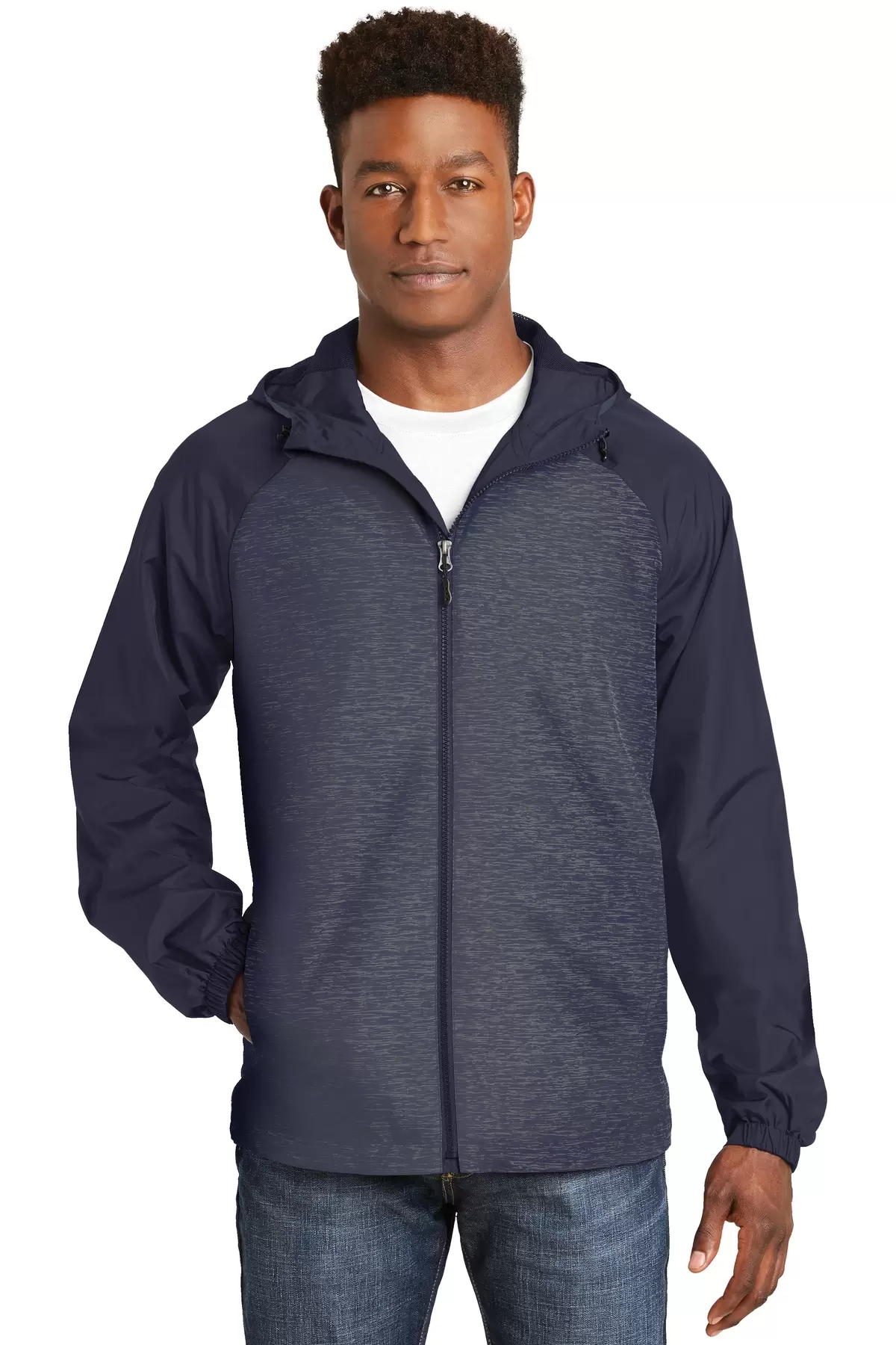 Sport Tek JST40 Sport-Tek Heather Colorblock Raglan Hooded Wind Jacket SKU: JST40