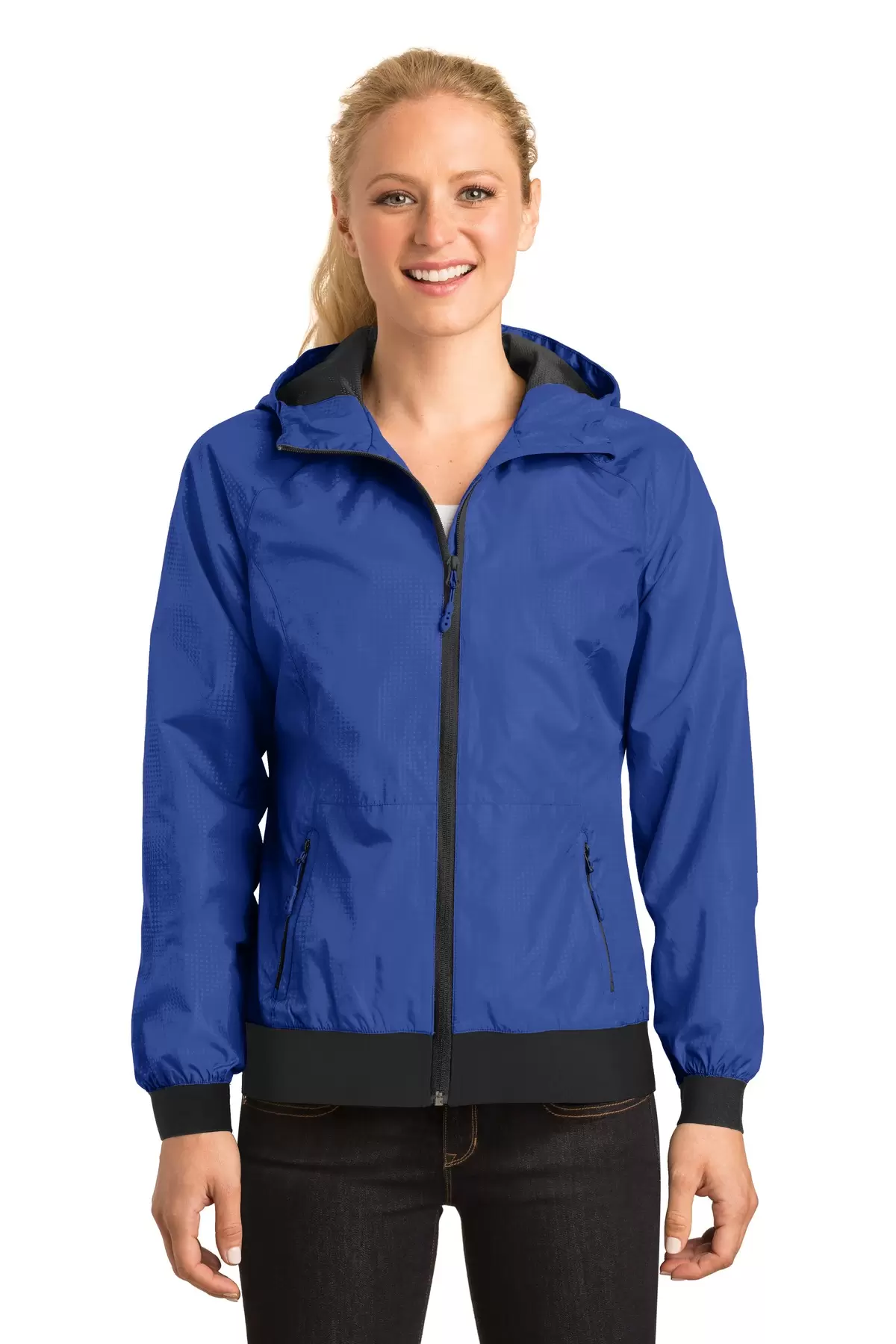 Sport Tek LST53 Sport-Tek Ladies Embossed Hooded Wind Jacket SKU: LST53