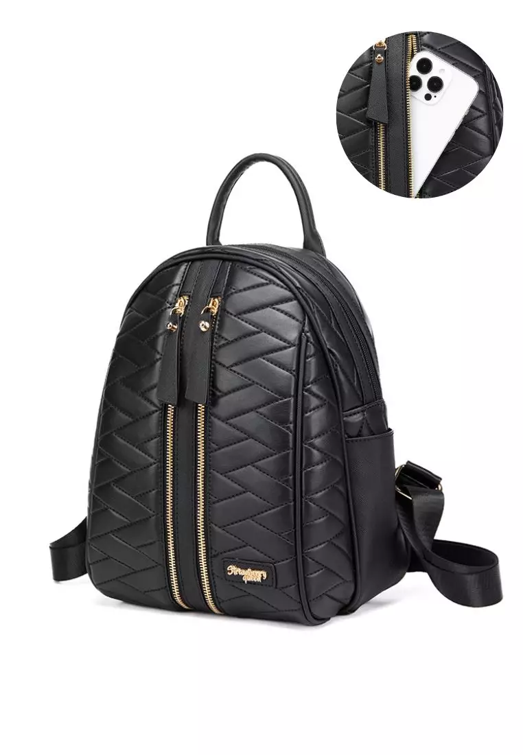 STRAWBERRY QUEEN Strawberry Queen Dual Front Zipper Rattan Backpack - Candy (Quilted BR, Black)