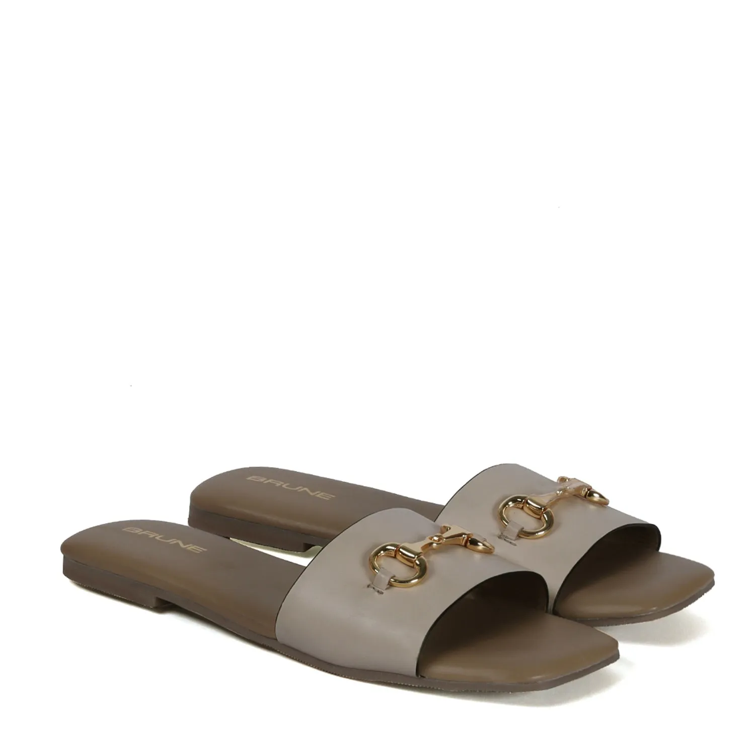 Stylish Horse-Bit Detail Genuine Beige Leather Slide In Slipper