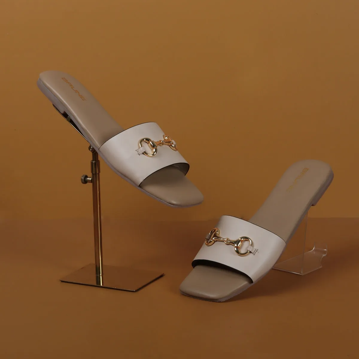 Stylish Horse-Bit Detail Genuine Beige Leather Slide In Slipper