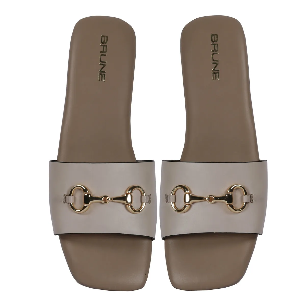 Stylish Horse-Bit Detail Genuine Beige Leather Slide In Slipper