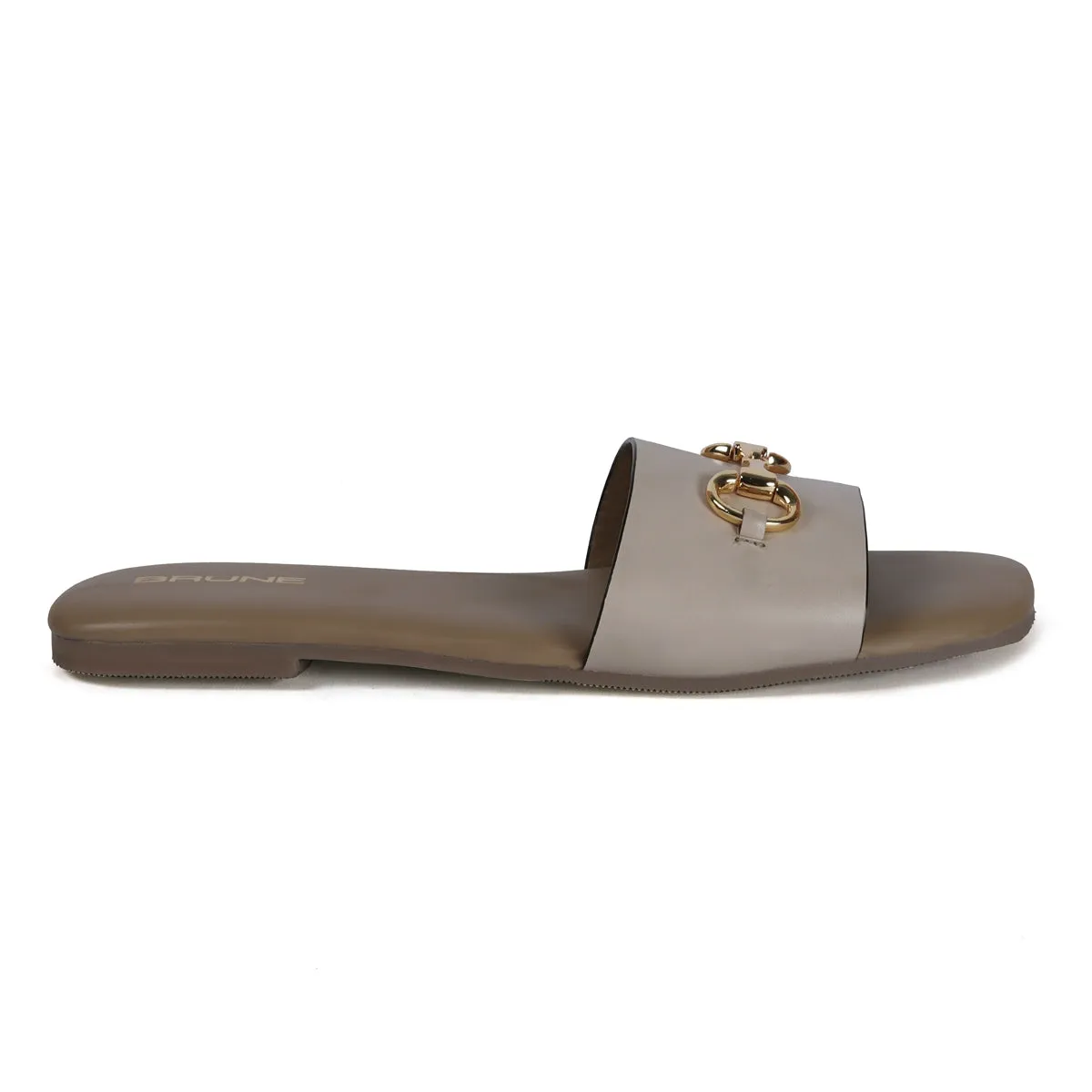 Stylish Horse-Bit Detail Genuine Beige Leather Slide In Slipper