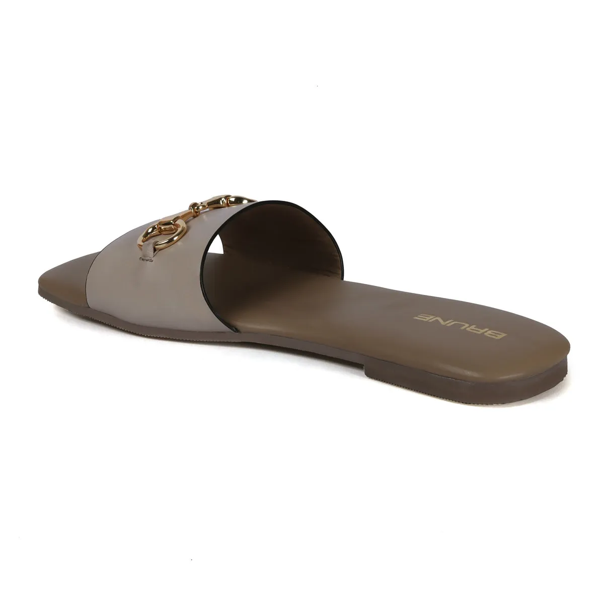 Stylish Horse-Bit Detail Genuine Beige Leather Slide In Slipper