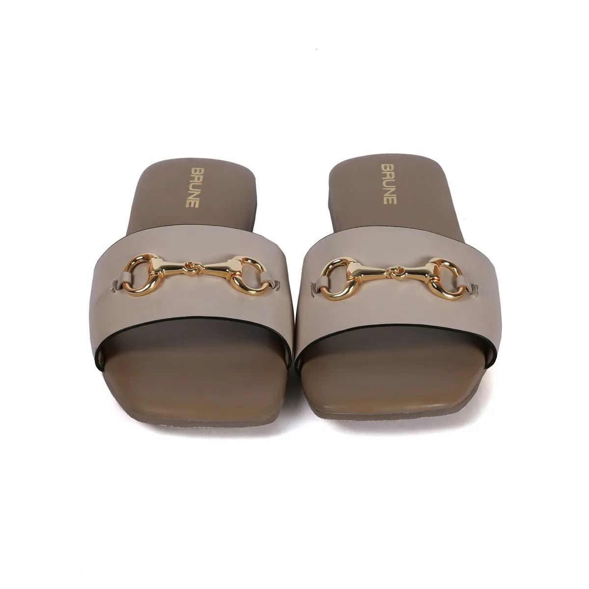 Stylish Horse-Bit Detail Genuine Beige Leather Slide In Slipper