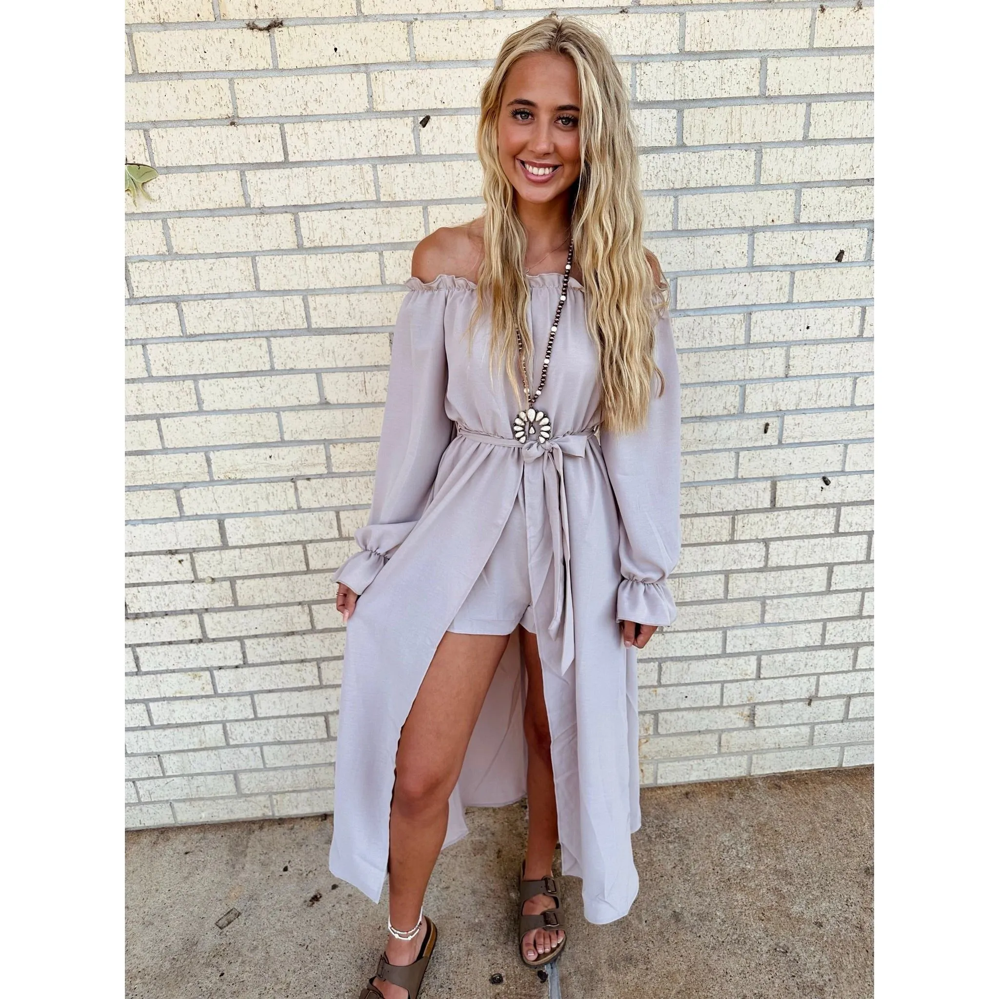 Sweet  Shoulder Tie Front Romper Taupe