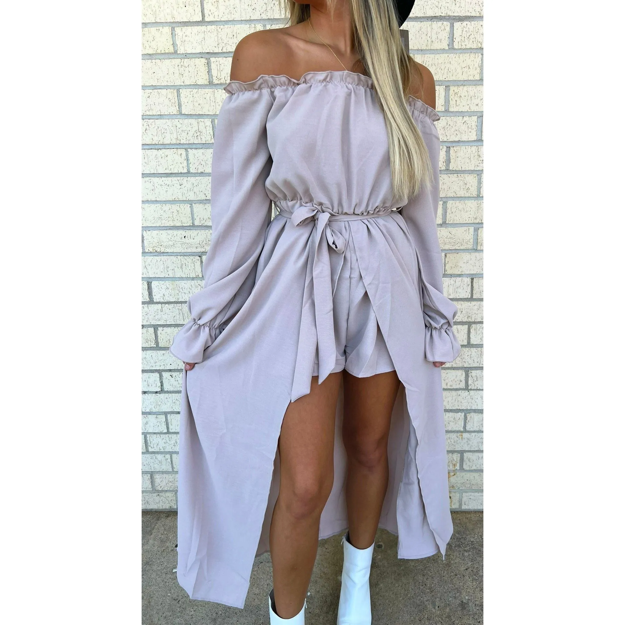 Sweet  Shoulder Tie Front Romper Taupe