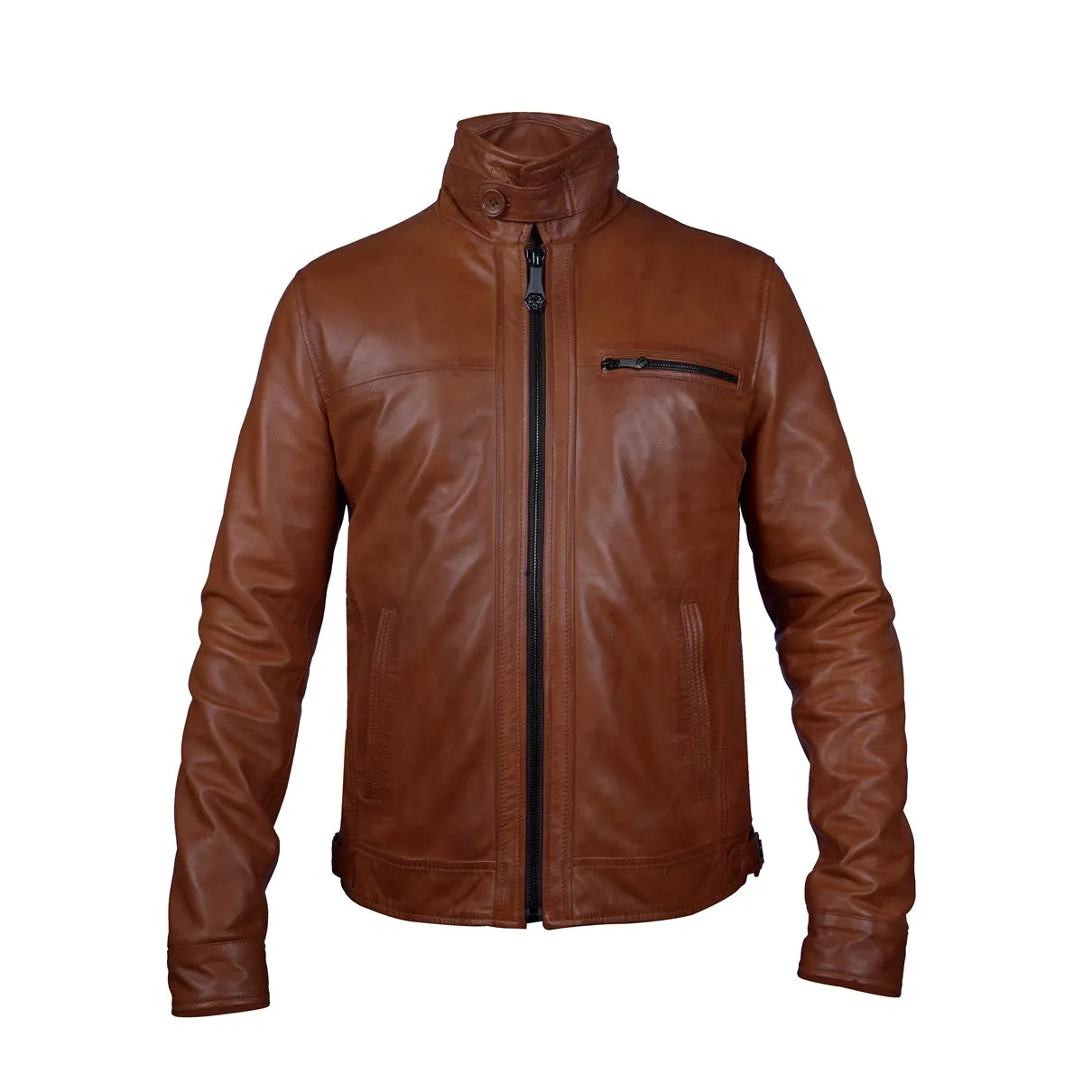 Tan Leather Regular Fit Zip Closure Jacket For Men By Brune & Bareskin