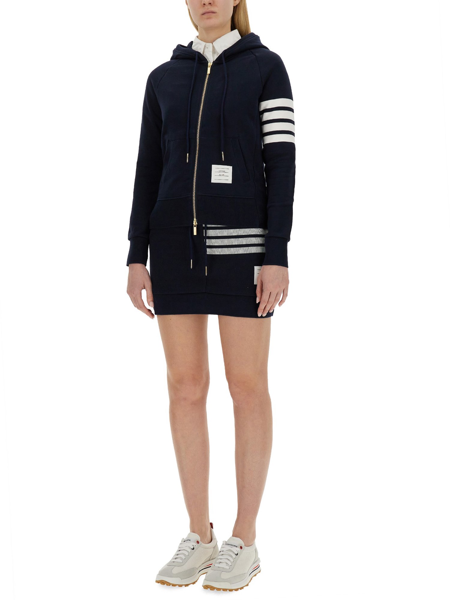 THOM BROWNE    COTTON ZIPPER HOODIE WITH STRIPED DETAIL