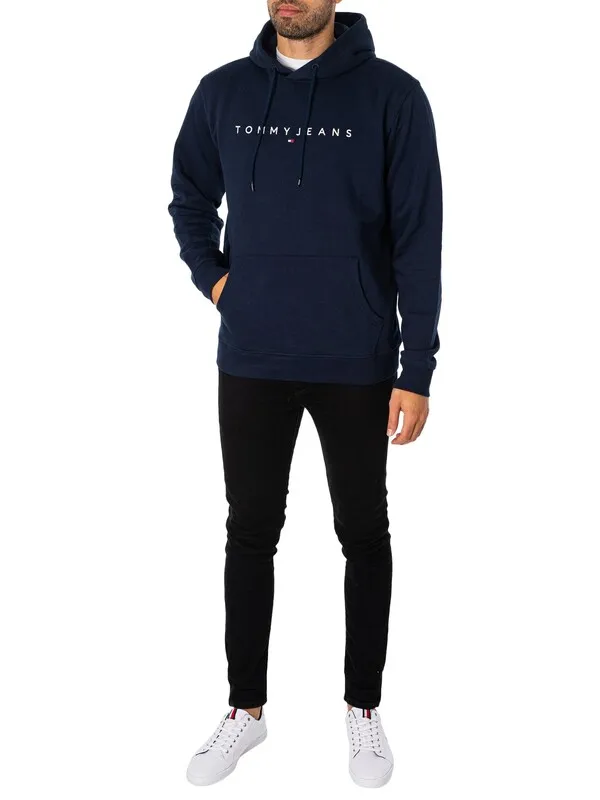 Tommy Jeans Regular Linear Logo Pullover Hoodie - Dark Night Navy