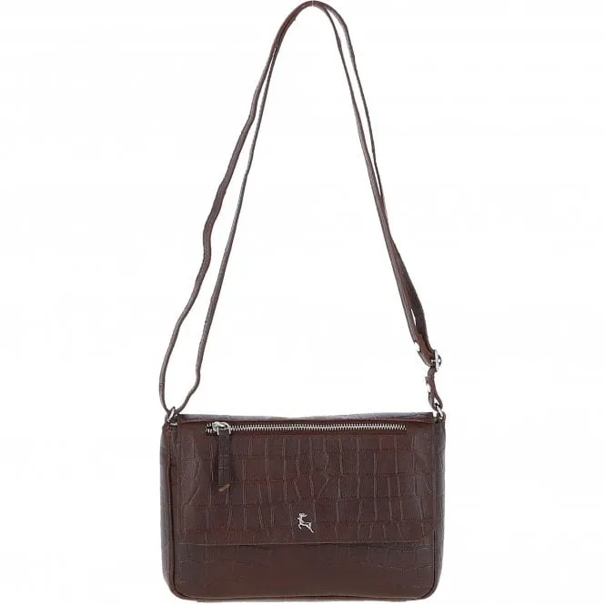 Valentina Flap Over Croc Print Real Leather Shoulder Bag Brandy/croc: MC5