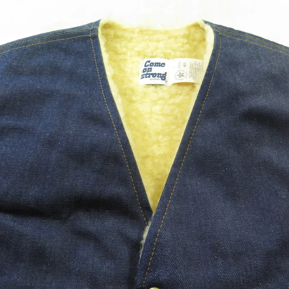 Vintage 60s Come On Strong Denim Vest Medium Indigo Deadstock Fleece Liner USA