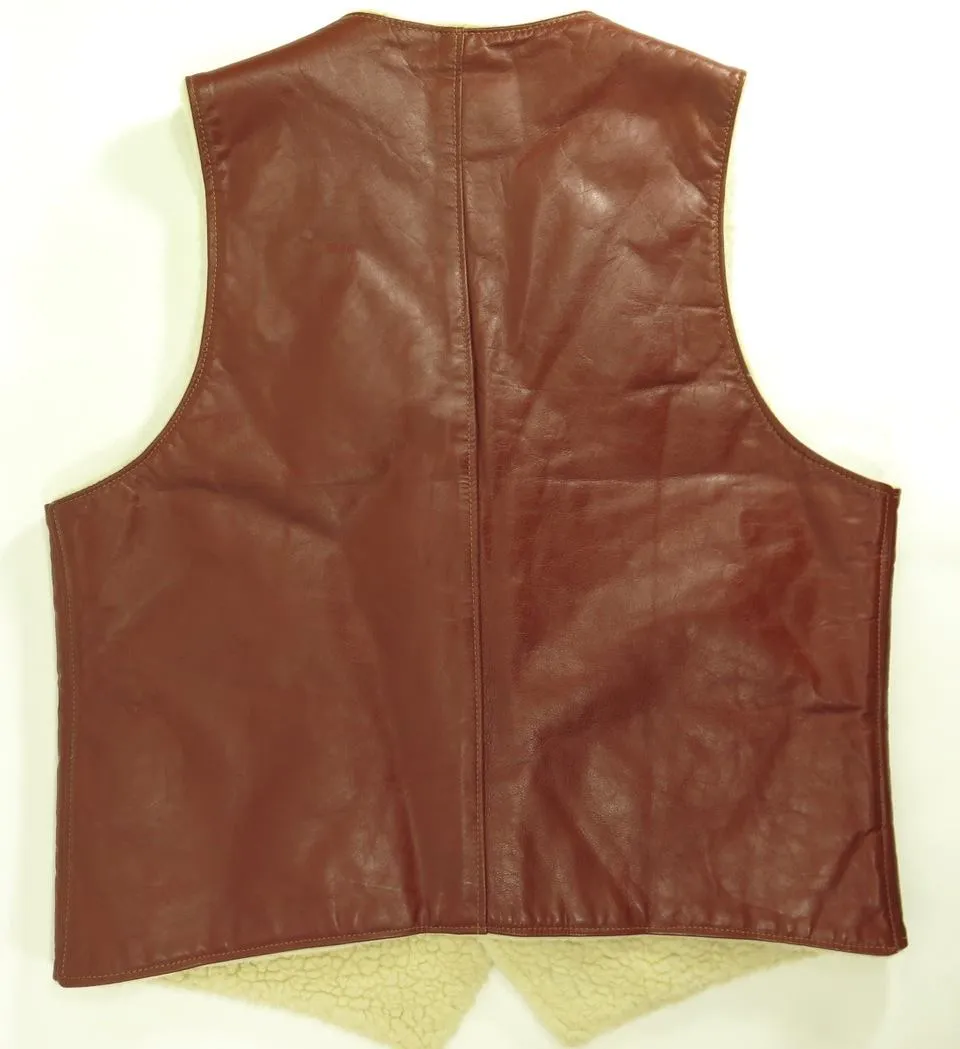 Vintage 60s LL Bean Cowhide Leather Vest Mens XL Long Brown Fleece Liner