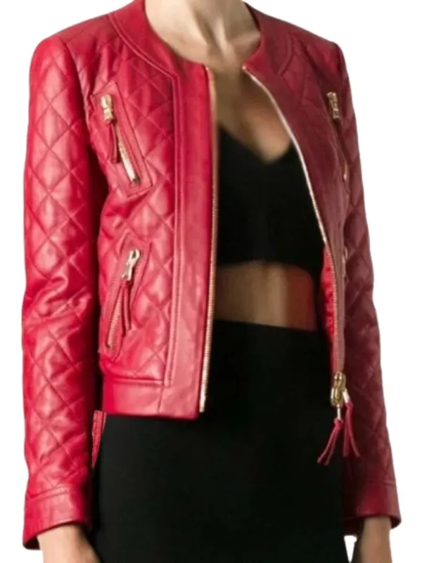 Women’s Collarless Quilted Red Leather Jacket