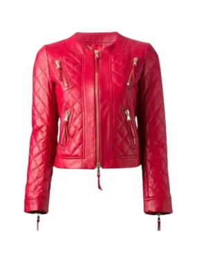 Women’s Collarless Quilted Red Leather Jacket