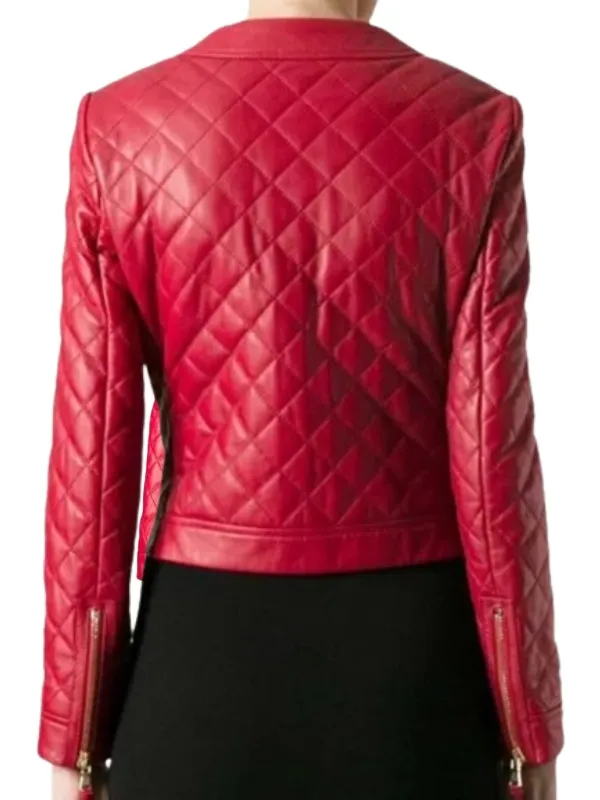 Women’s Collarless Quilted Red Leather Jacket