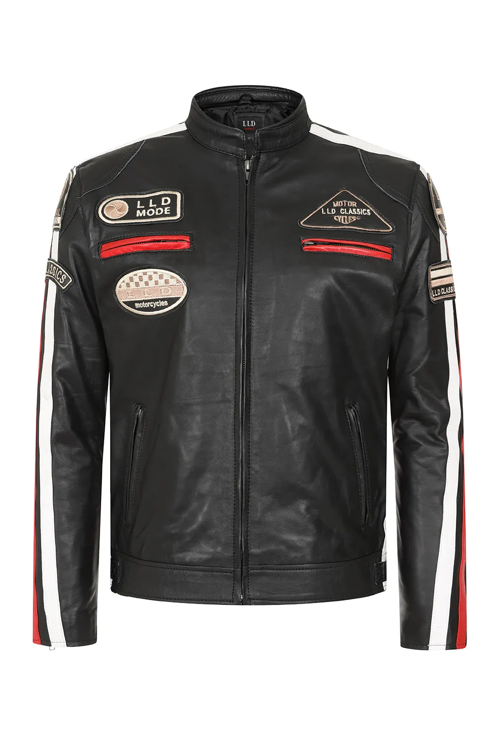 Women's Black Racing Style Leather Jacket with Red and White Stripes - FRANCIS