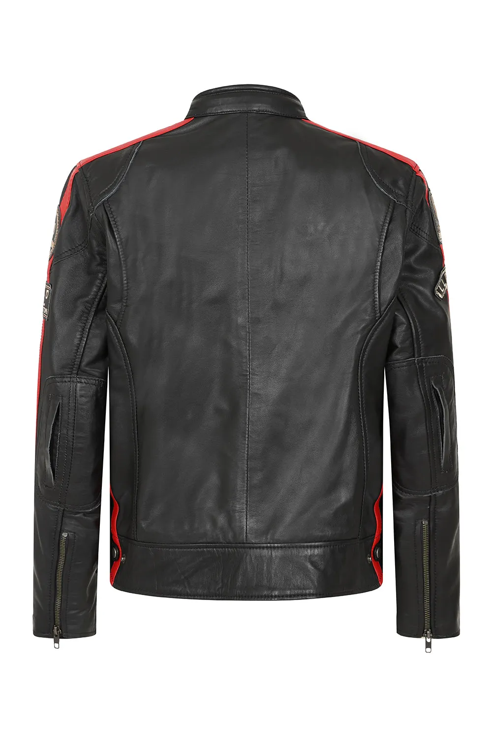 Women's Black Racing Style Leather Jacket with Red and White Stripes - FRANCIS