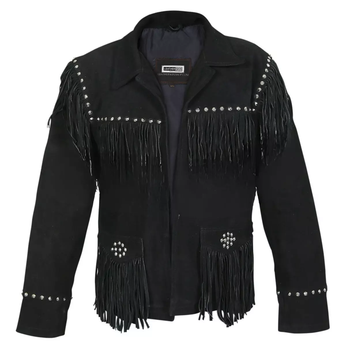 Women's Black Western Fringed Spike Studded Suede Leather Jacket