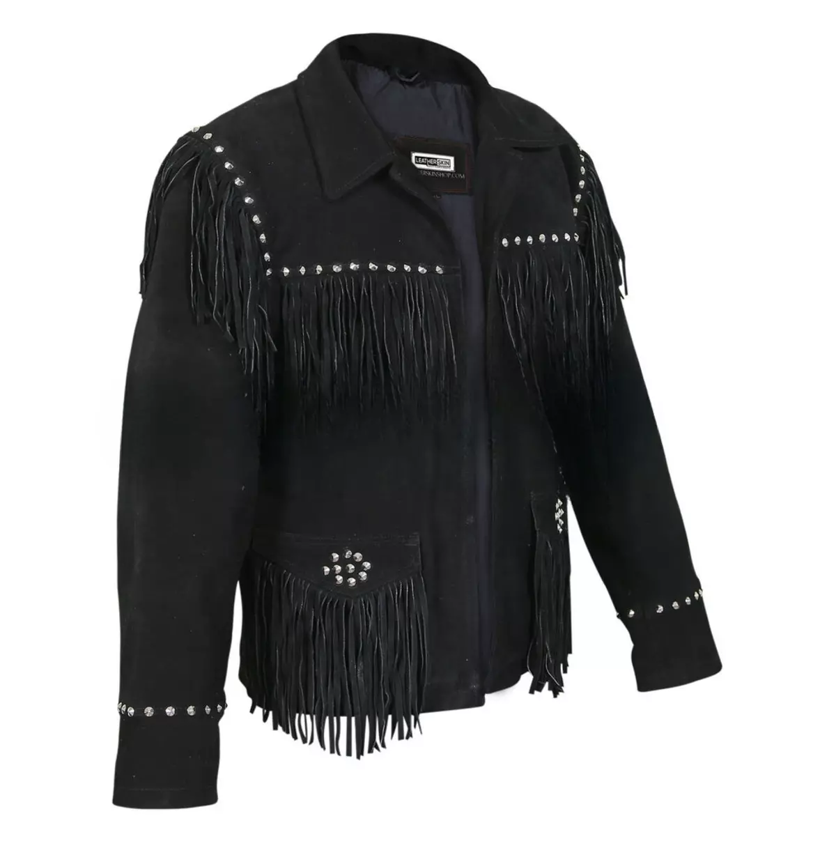 Women's Black Western Fringed Spike Studded Suede Leather Jacket