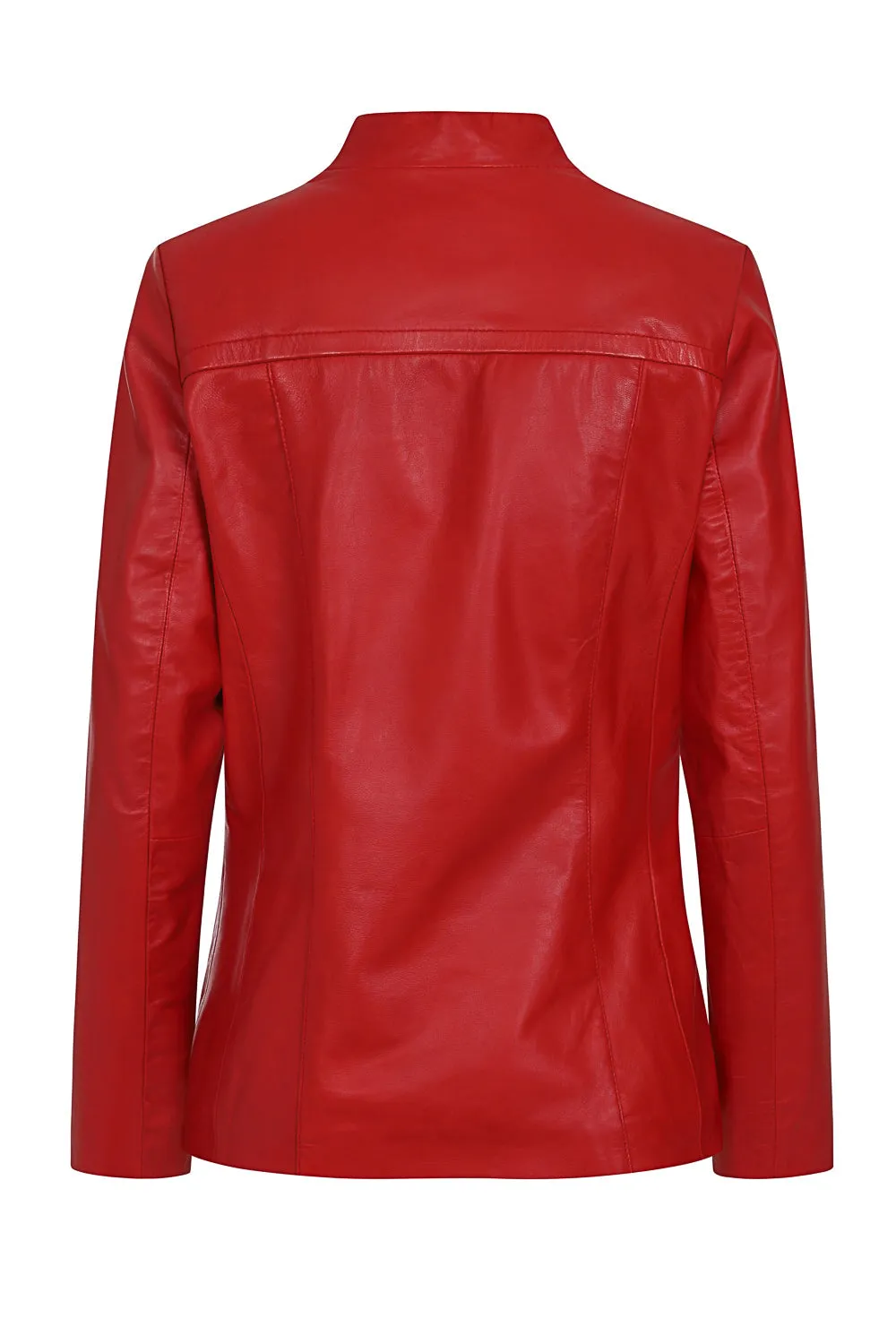 Women's Red Classic Zip Up Genuine Leather Jacket with a “V” Neck  - LAURA