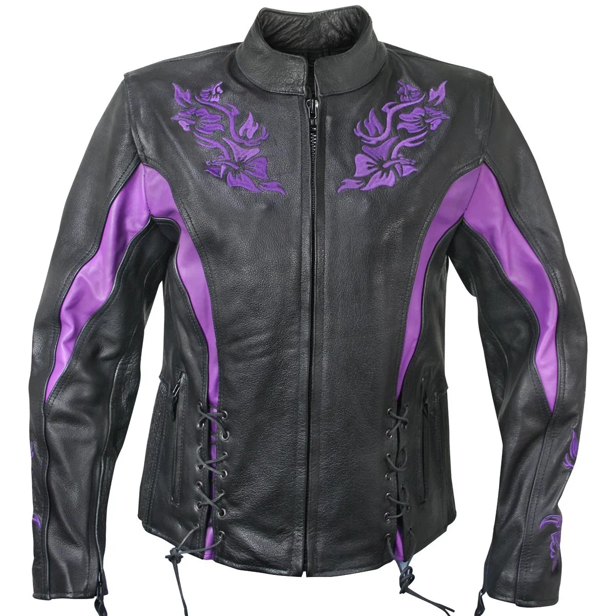 Xelement XS2027 Ladies 'Gemma' Black and Purple Leather Embroidered Jacket with X-Armor Protection